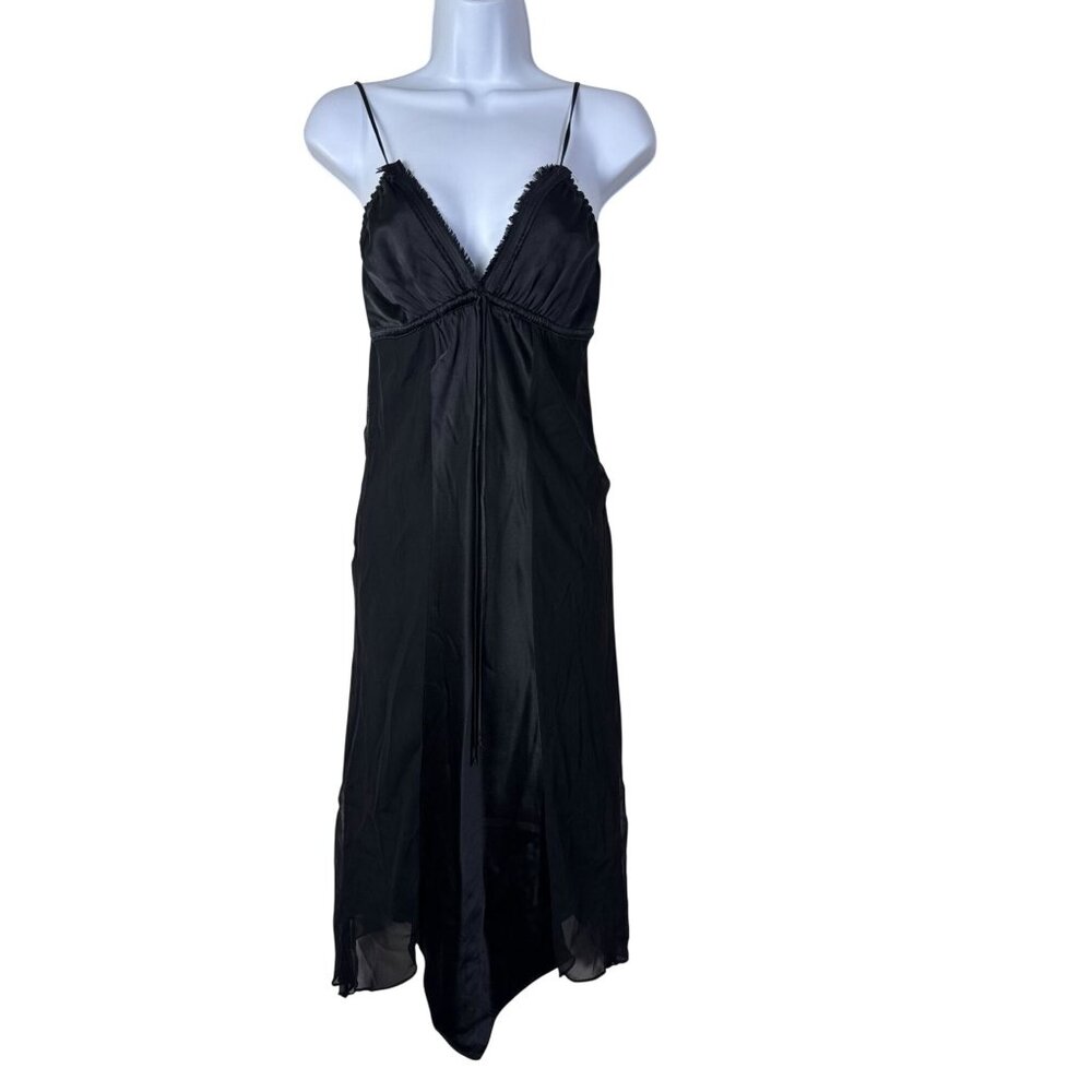 Poleci Silk Black Slip Dress Asymmetrical Size 4 Y2K 90s Fairy Grunge Whimsigoth